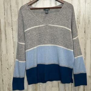 Griffen Wool Cashmere V Neck Sweater XL Gray Blue Stripe Quiet Luxury Preppy EUC